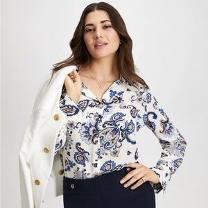 Laura Long Sleeve Paisley Print Blouse Blue Pattern White